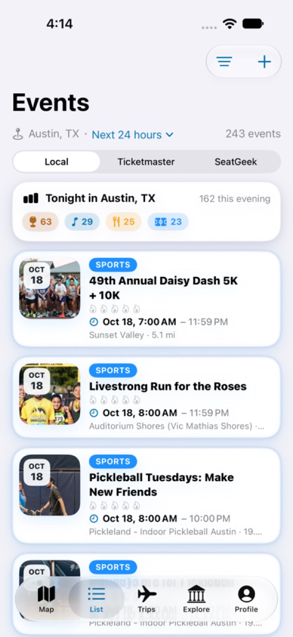The XploreR app listing events in Austin